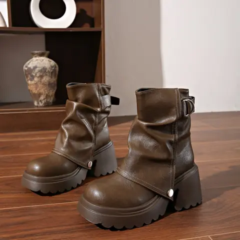 Women’s American Style Punk-Inspired PU Leather Slouchy Platform Ankle Boots with Buckle Detail, Fashionable Chunky Heeled Boots, Artificial Leather Boots, 2 Colors Available