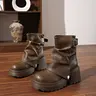 Women’s American Style Punk-Inspired PU Leather Slouchy Platform Ankle Boots with Buckle Detail, Fashionable Chunky Heeled Boots, Artificial Leather Boots, 2 Colors Available