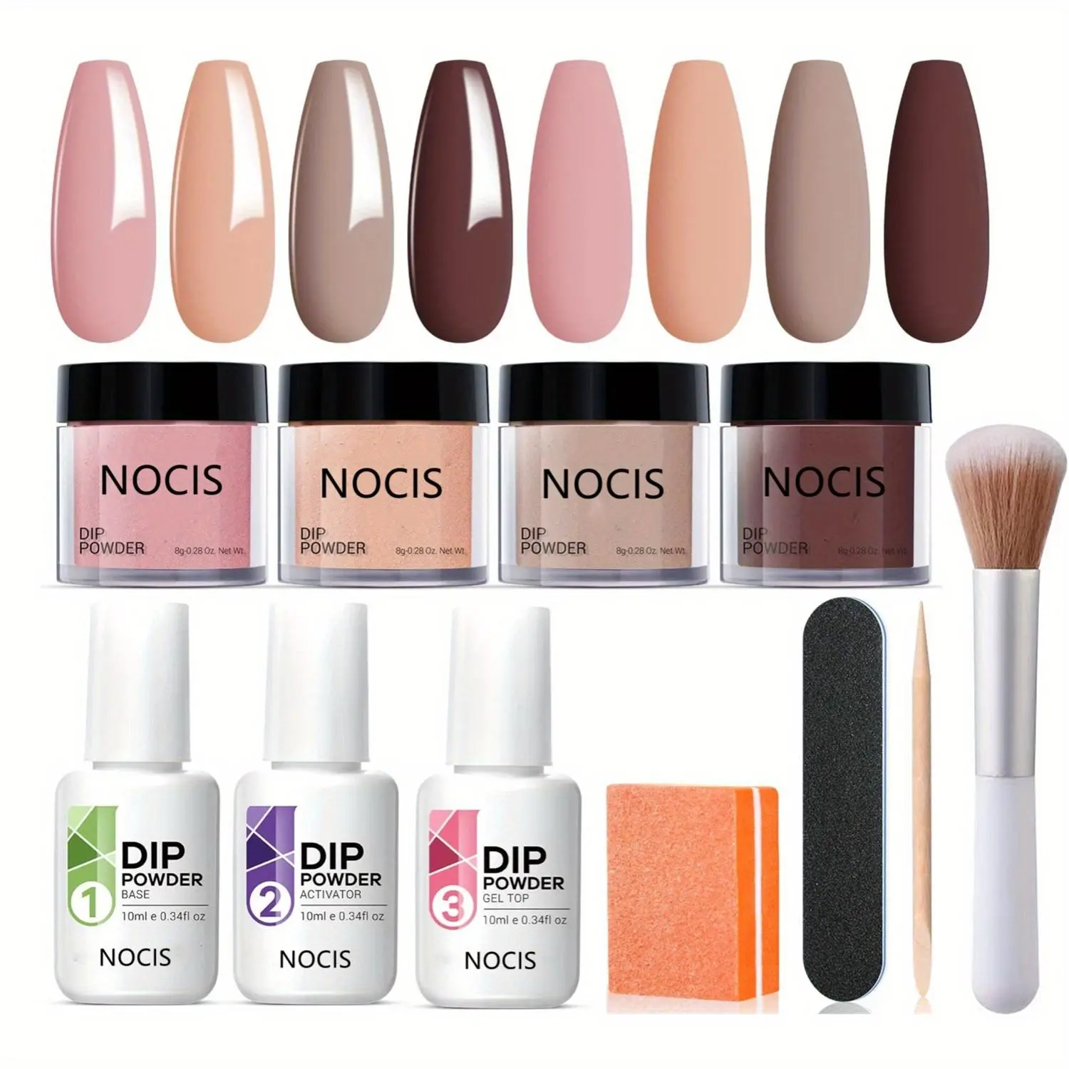 Long-lasting Dip Powder Manicure Nail Kit, 11pcs/set Including 4 Color Dipping Nail Powder & 3 Nail Gel, Essential Liquid Base & Top Coat, Activator Nail Tool, Nail Tech Supplies
