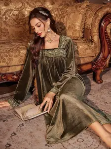 Women's Vintage Velvet Patchwork Colorblock Embroidered Lace Trim Long Sleeve Feminine Sleepwear, Fall Winter Nightgown, Palace Nights Collection, Loungewear