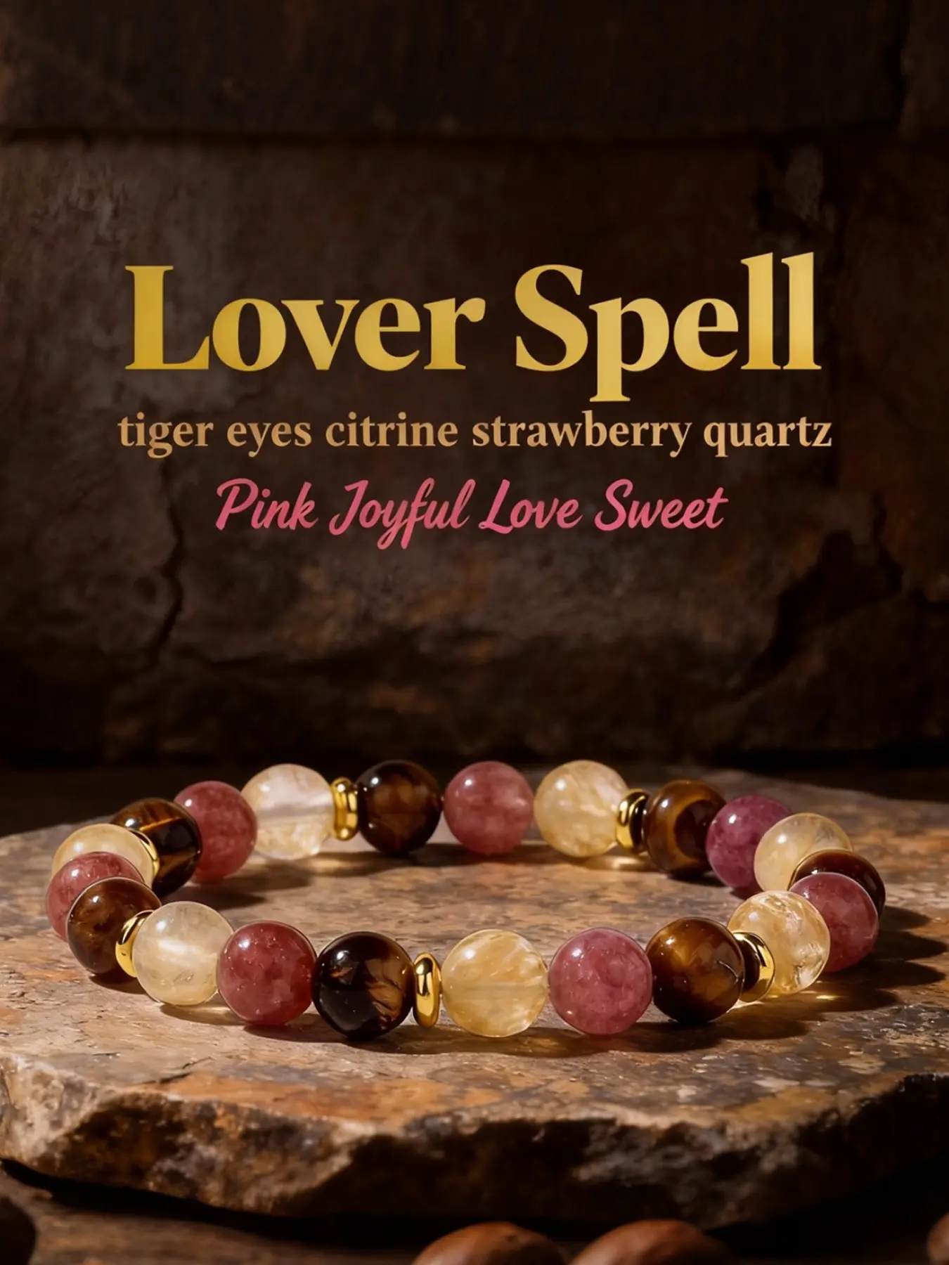 Love Spell Bracelet, Tiger's Eye Citrine Strawberry Quartz, Dainty Crystal Bracelet, Natural Crystal, Joyful Sweet Love, Romantic Energy Jewelry Gift