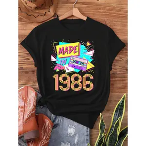 Women's Vintage 1986 - Graphic 80s T-Shirt - 40th Birthday Retro Top with & magenta print, Short Sleeve Crew Neck Casual Summer Spring Tee for 40 Years Birthday