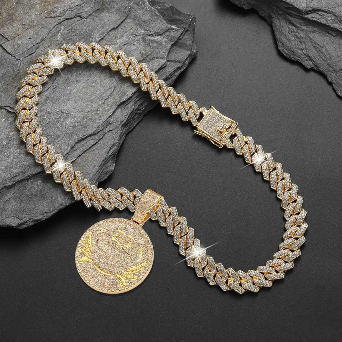 Spinning Diamond Crab Pendant Iced Out Cuban Necklace - Full Bling Rhinestone Hip Hop Chain - Luxury Gold Tone Streetwear Jewelry