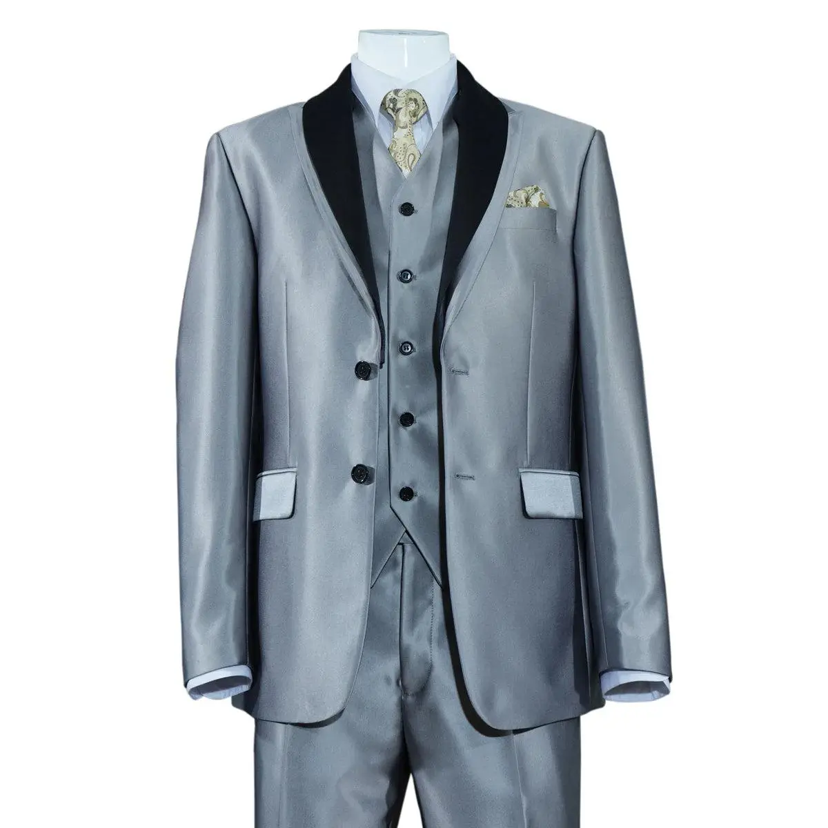 Mens 2 Button Vested Slim Fit Shiny Sharkskin Tuxedo Suit in Silver Grey