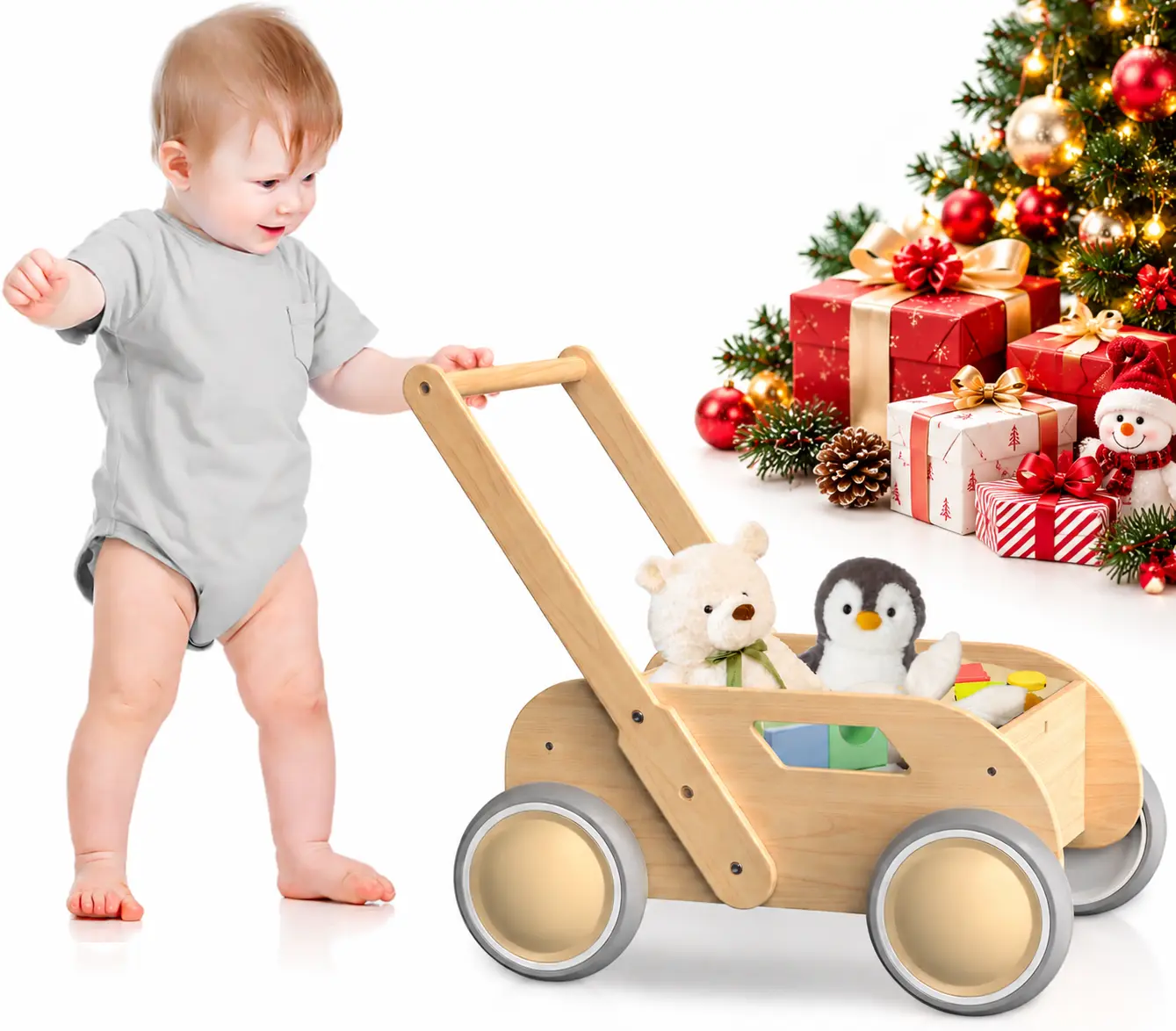 [Summervibes]Wooden Baby Walker, Push and Pull Learning Walking Toys for Babies Infants to Toddler, Walker with Wheels for Boys Girls, Gift for Birthday Christmas, Natural