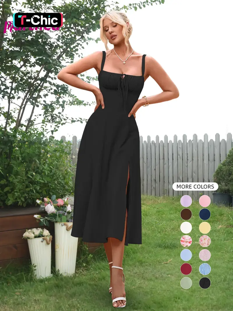 Women's Woven Lace Up Split Thigh Cami Dress, Elegant Slim Lightweight  Adjustable Strap Backless Tie Front Midi Dress, Women's Dress for Summer  Beach Holiday - TikTok Shop
