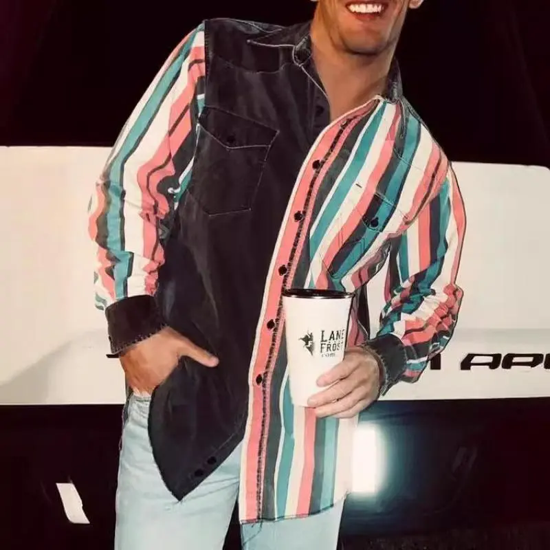 Men's Vintage Cowboy Shirt Western Style Striped Loose Fit Long Sleeve Distressed Button-Up Collared Top For Casual Retro Look Streetwear Menswear Daily Wear Outdoor Gatherings.Gift