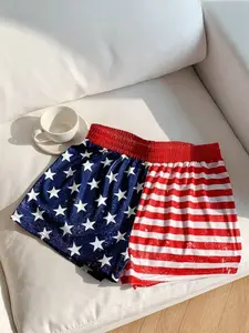 Retro American Flag Printed Elastic Waist Loose Shorts, Comfy Breathable Shorts - High Waist Edition, Comfortable, Soft and Breathable Fabric, Millennium Street Style Print, Suitable for Summer Leisure, Sports and Fitness, Patriotic Festivals