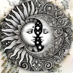 1 piece of 8x8 inch dream sun and moon metal sign - mysterious black and white bohemian style round aluminum wall decoration, no need to power on, versatile home decoration, suitable for living room, bedroom, office, vintage style