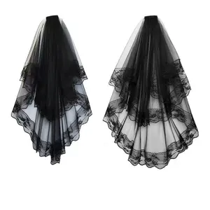 Gothic Black Wedding Veil with Floral Lace Trim - Elegant Dark Bride Accessory - Dramatic Layered Tulle Design - Viral TikTok Style Piece
