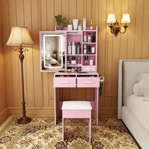 Pink Compact Makeup Vanity Set, LED Mirror with Power Outlet, Perfect for Small Bedrooms