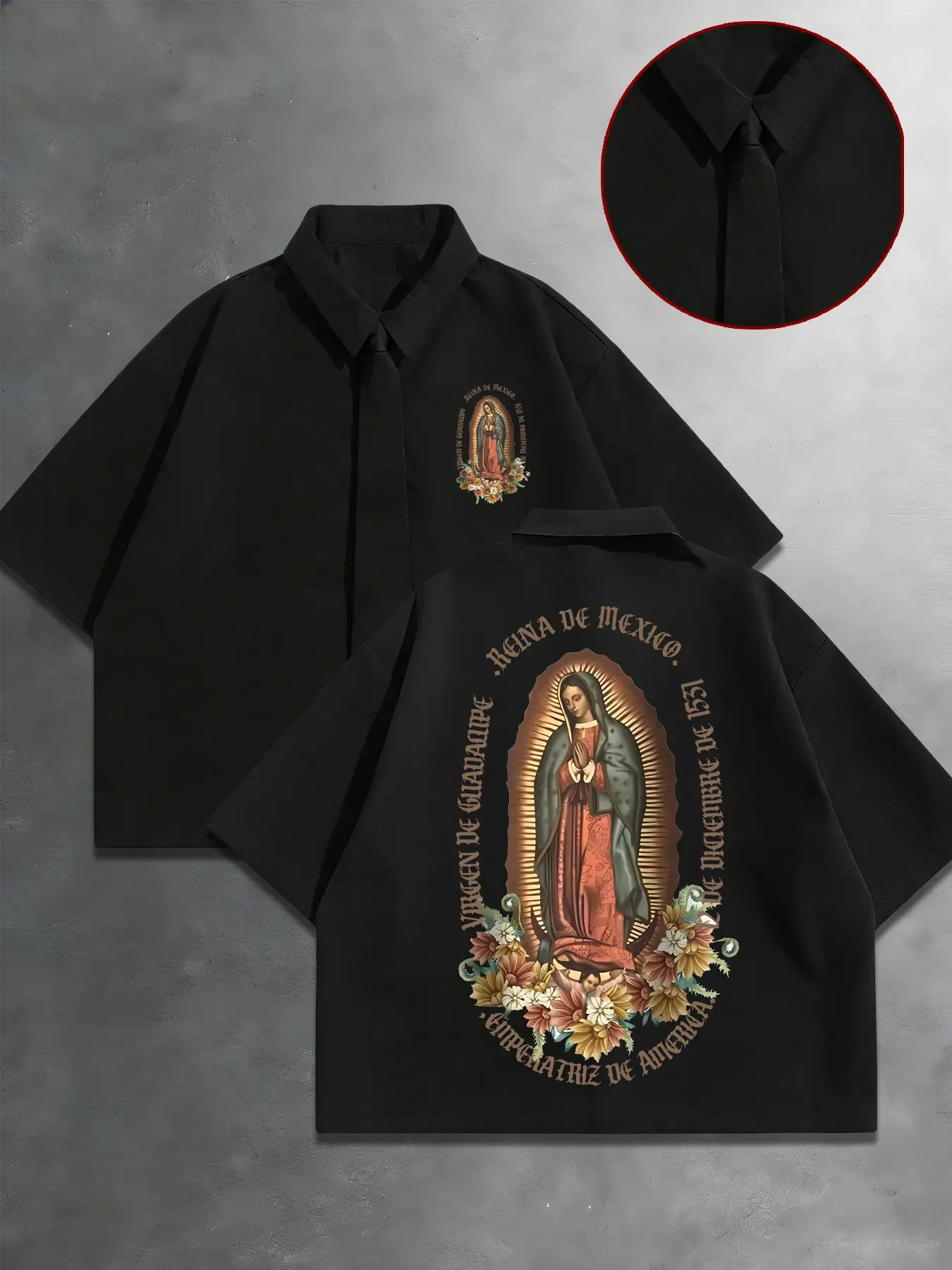 Men's Casual Short Sleeve Shirt with Base and Virgin Mary Print, Floral Embellishments and Neat Tie Design, Comfortable Fabric for Cultural Gatherings