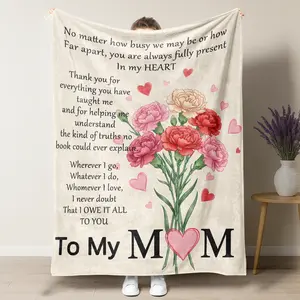 For Mother's Day To My Mom Carnation Thank You Fleece Blanket,Soft Cozy Heartfelt Mother's Appreciation Floral Throw Blanket,Unique Mother's Day Gift for Mom,Aesthetic Carnation Blanket for Home