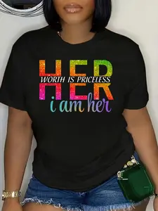Women's crewneck short-sleeve tee, "Her Worth Is Priceless I Am Her" rainbow glitter graphic | #WomensCrewneck #PricelessWorth #GlitterTee