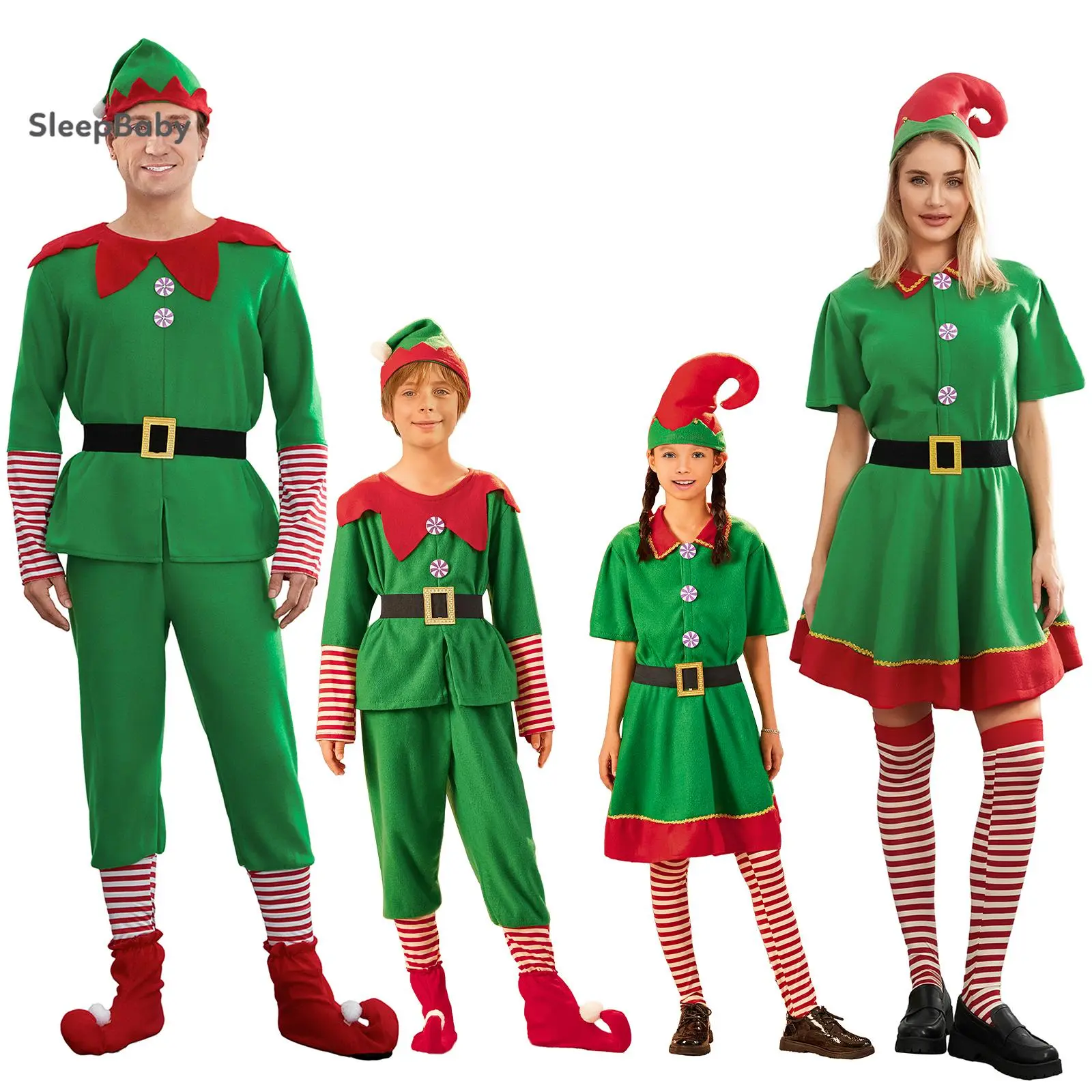 Family Matching Elf Costume Set for Christmas, Cute Shortsleeve Polyester Holiday Outfit for Girl, Kids, and Adults with Hat & Belt, Women, Fashion