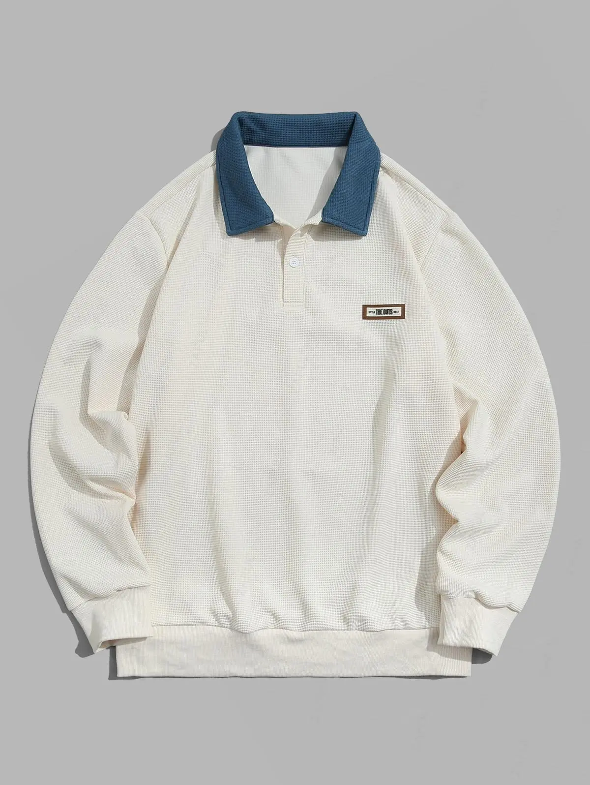 ZAFUL Men's Long-Sleeve Polo Collar Half-Buttoned Pullover Sweatshirt - Letter Patch, Color-Spliced, Retro Western Denim, Stylish Classic Top for Trendy Casual Outfits
