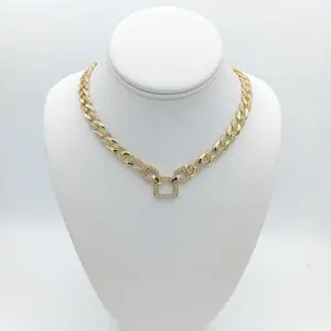 Cuban Link Fashion Choker with Zirconia, 14k Gold Plating, Geometric Design, Double Clasp for Size Adjustment