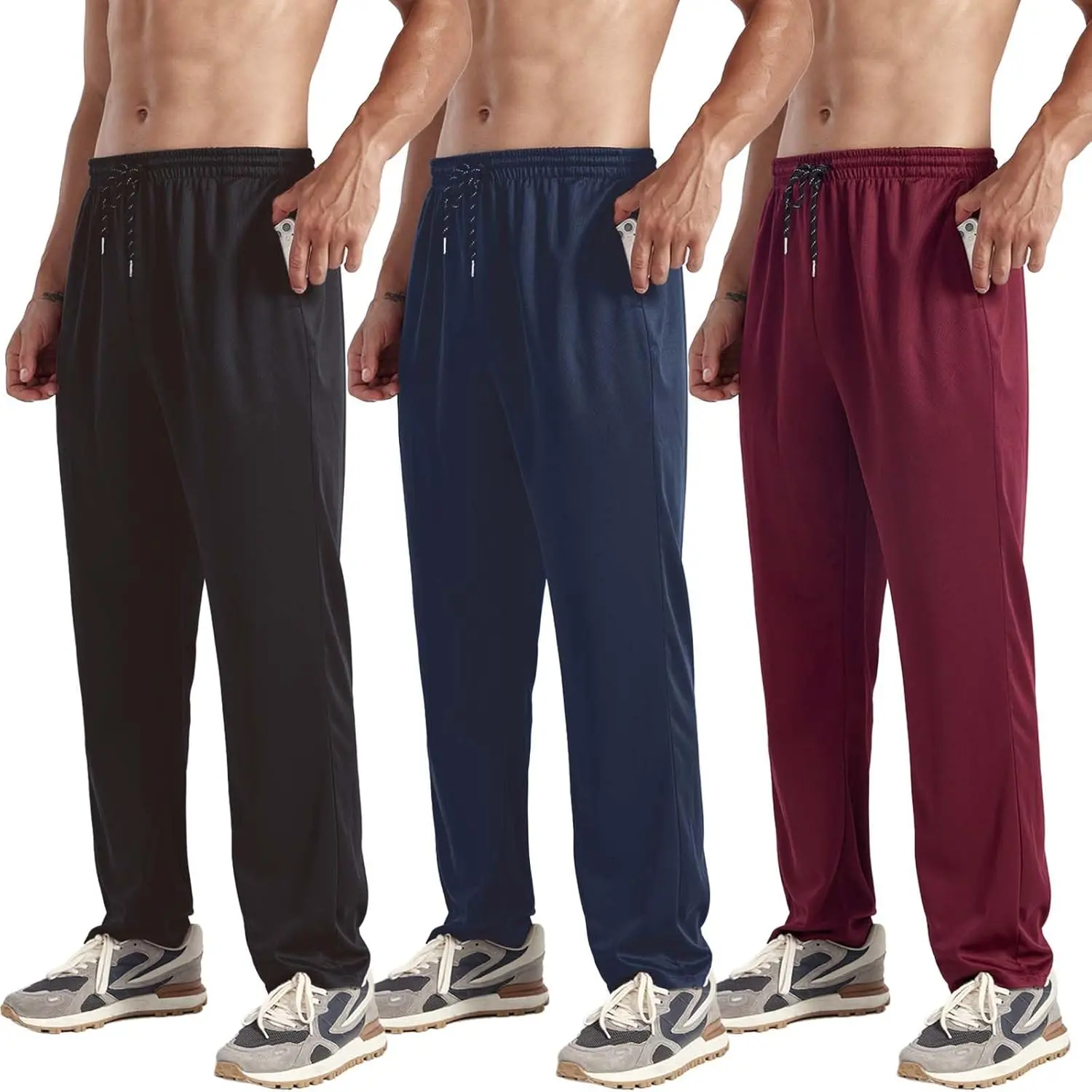 Men's 3-Pack Open Bottom Joggers, Polyester Lightweight Breathable Dry Quickly Athletic Sweatpants with Drawstring-Elastic Waistband and Pockets for Workout, Lounge