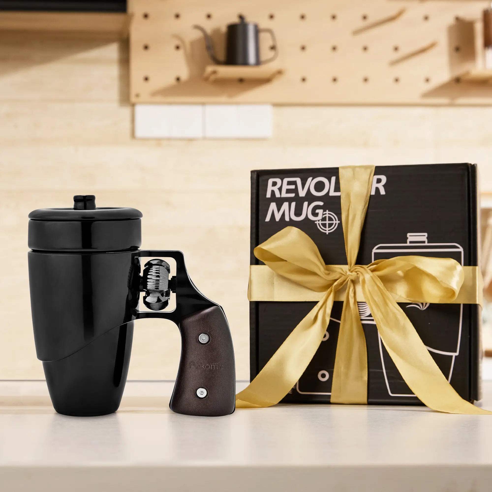 Pukomc Glass Cool Revolver Ceramic Mug with Wooden Handle 16 Ounce Drinking Tumbler, Easy to Clean, Coffee Mug Cookware Insulation Cup Swing Top Flask