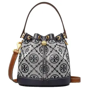 Tory Burch T Monogram Jacquard Leather Bucket Bag with Adjustable Strap and Drawstring Closure for Women in Navy Blue