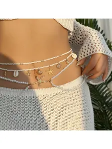 Summer Body Chain for Women Pearl Starfish Seashell Beaded Waist Chain with Tassel Crystal Accents Layering Jewelry