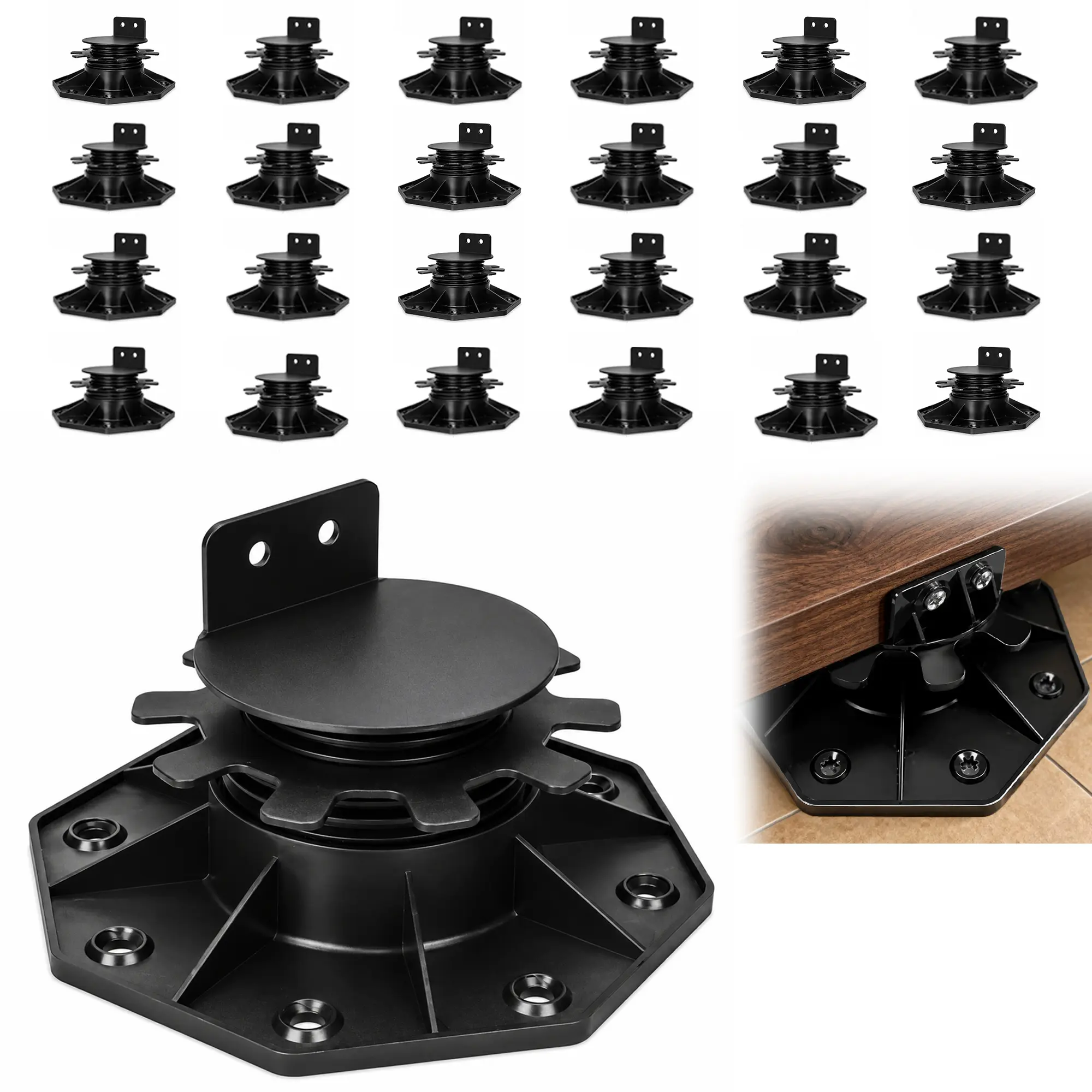 24 Pack Adjustable Deck Support Pedestals, Heavy Duty Low Profile Deck Foundation Blocks, 1-3/16" to 2-3/8" Adjustable Height Deck Supports for Floating Deck Joists, Patio, Shed & Outdoor Flooring, Black