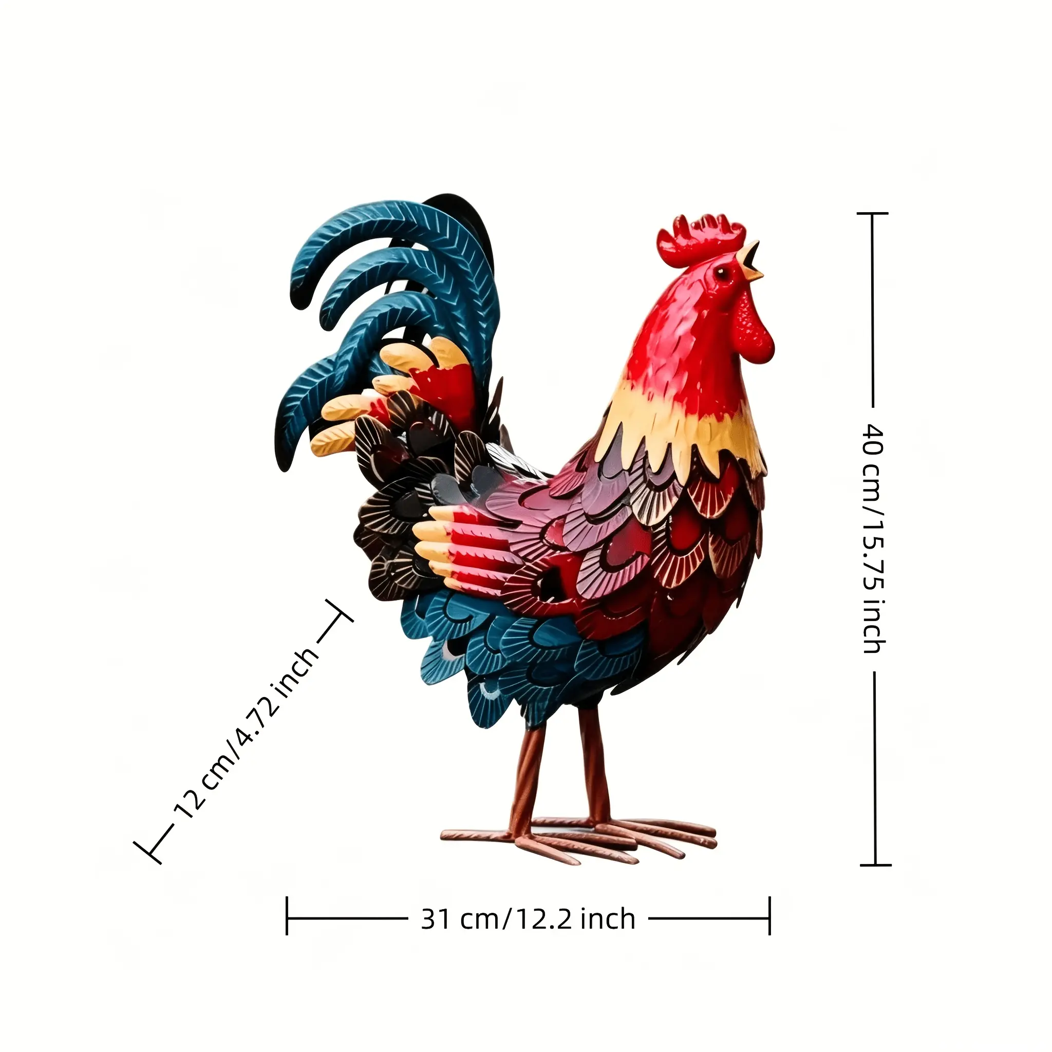 15.75" Metal Rooster Statue, Colorful Layered Feather Iron Chicken Decor, Rustic Farmyard Garden Sculpture