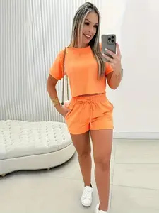 Two-Piece Set Women's Solid Pocket Two-piece Set, Casual Short Sleeve Round Neck Crop Top & Drawstring Shorts for Summer, Ladies Clothes for Daily Wear
