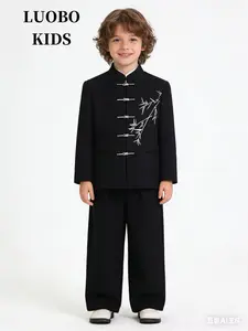 Boys' Traditional Chinese Costume Set, Stand Collar Embroidered Zhongshan Jacket, Ethnic Style Outerwear, National Wind Tang Suit Performance Wear