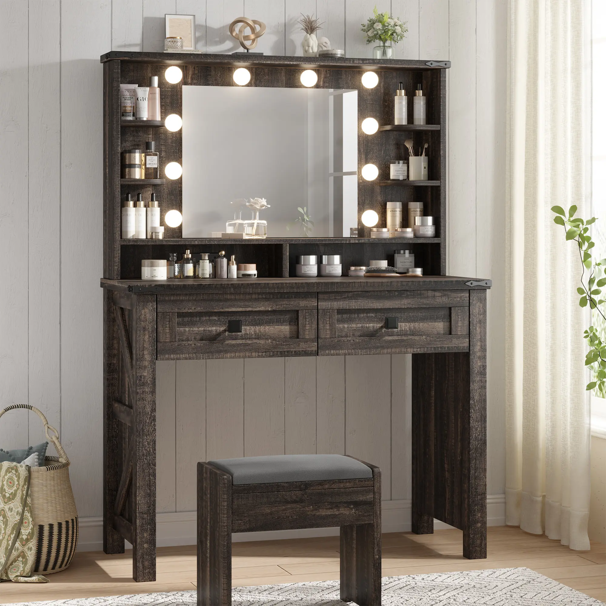 Vanity Desk with Mirror and Lights Farmhouse Makeup Vanity Desk with 10 Led Bulbs & Charging Station Vanity Table with 2 Drawers & Shelves 3 Color Modes Adjustable Brightness farmhouse  storage dressing  table