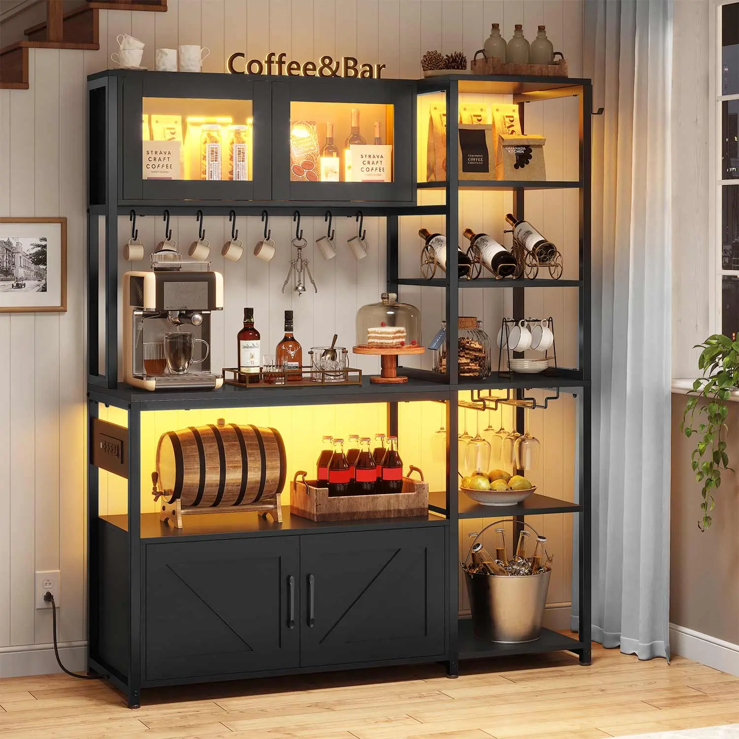Sikaic Farmhouse Coffee Bar Cabinet with Power Outlet, 45.3 Inch Coffee Bar Station for Kitchen and Home Bar Storage Black