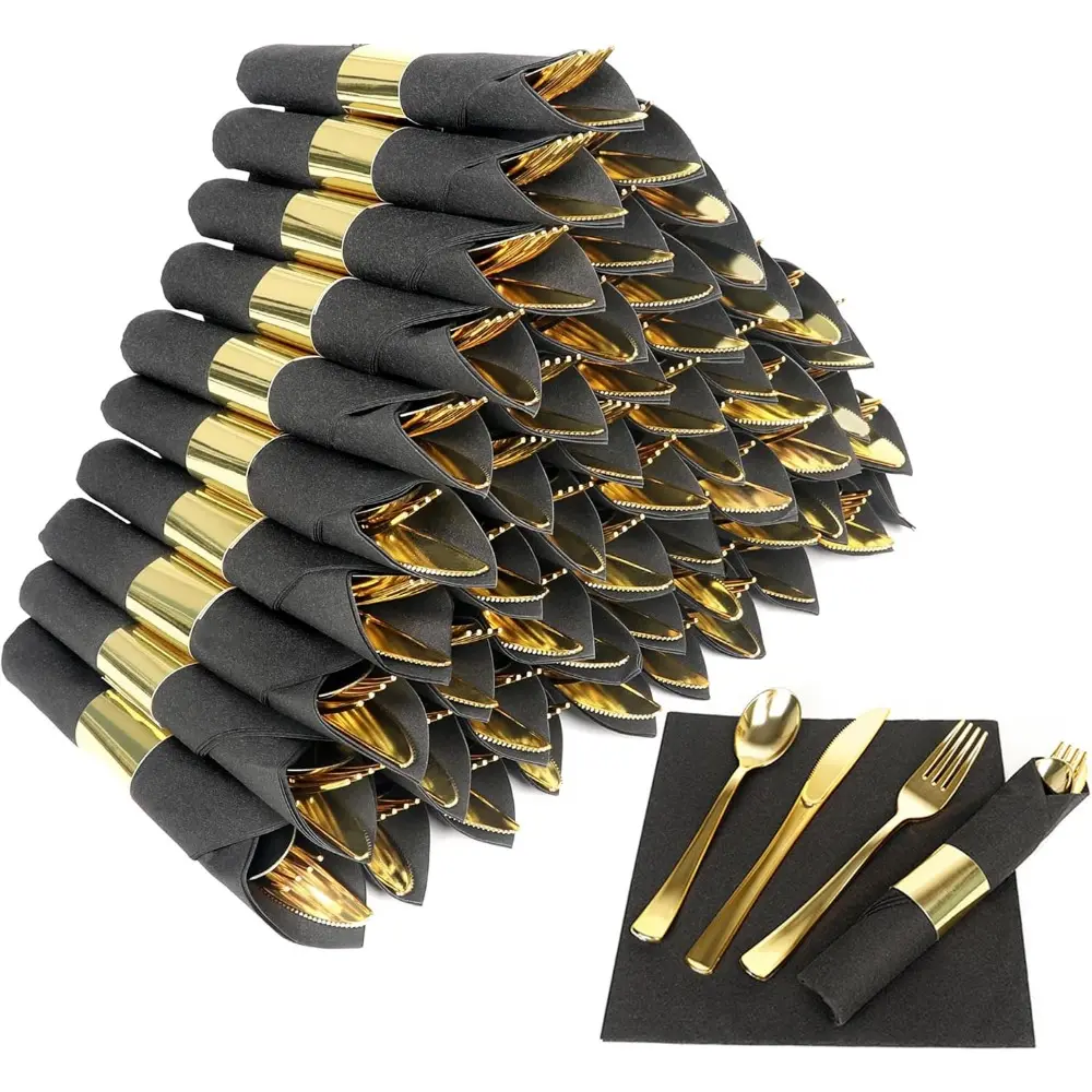 50 Pack Pre Rolled Plastic Silverware Set,Wrapped Plastic Cutlery Set with Napkin Include 50 Forks,50 Spoons,50 Knives and 50 Black Napkins For Party,Wedding