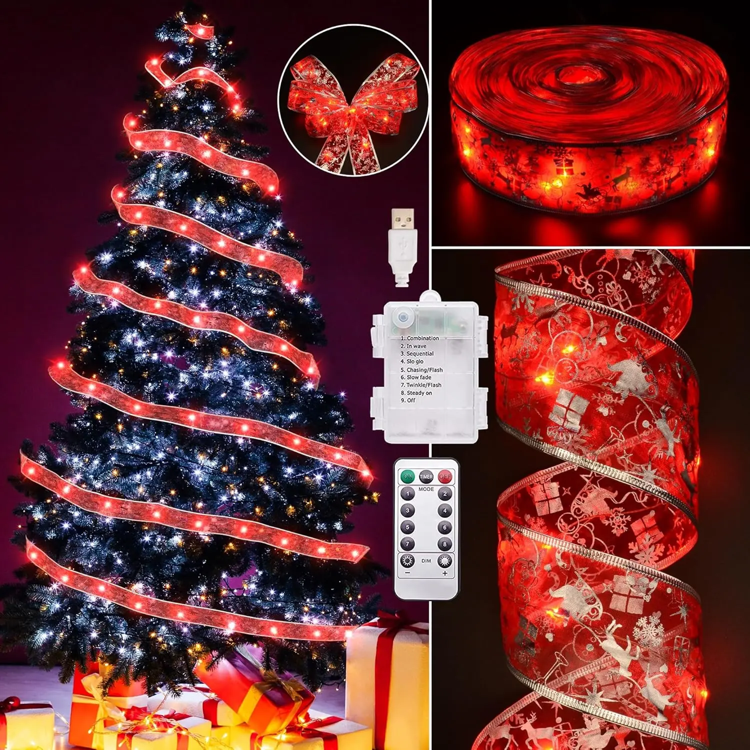 Christmas Tree Ribbon Lights - Ribbon Shape Artificial Christmas Tree Decorative Lights, 2.5in x 33ft 100 LED, Battery/USB Powered, Remote Control, 8 Lighting Modes, Timer, Color Changing Aesthetic Festive Decor