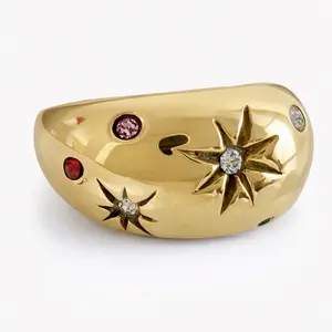 Stainless Steel Chunky Star Ring with Gemstone Accents and Star Design