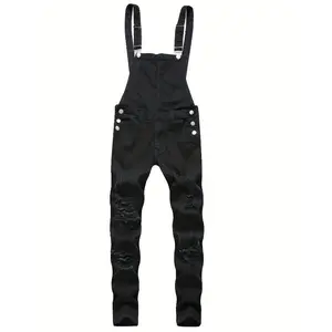 1 pair of men's denim overalls, street with pockets, holes, slim fit, washed denim overalls, overalls, overalls, denim trousers