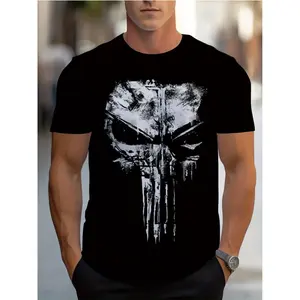 Men's Black Skull Print T-Shirt - Lightweight and Durable, Featuring a Unique White Skull Design with Geometric Patterns. Perfect for Casual Activities, Parties, and Restaurant Wear. Comfortable Fit, Ideal for Casual Tees