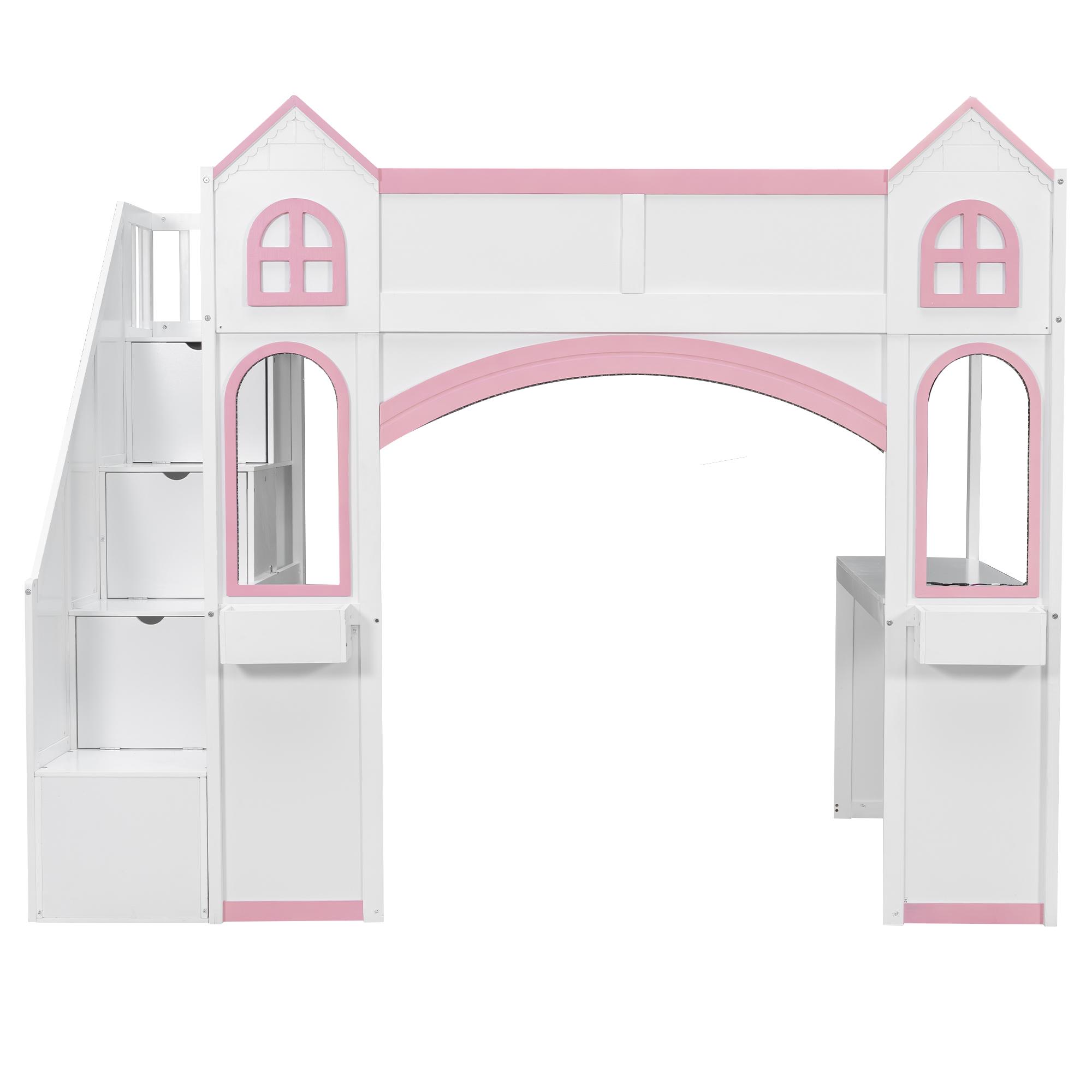 Full Size Loft Bed Frame with Storage Staircase and LED Light, Wood Castle Full Loft Bed Frame with Desk, Windows & Shelves for Kids, Teens, Boys or Girls, Montessori Bed, Pink