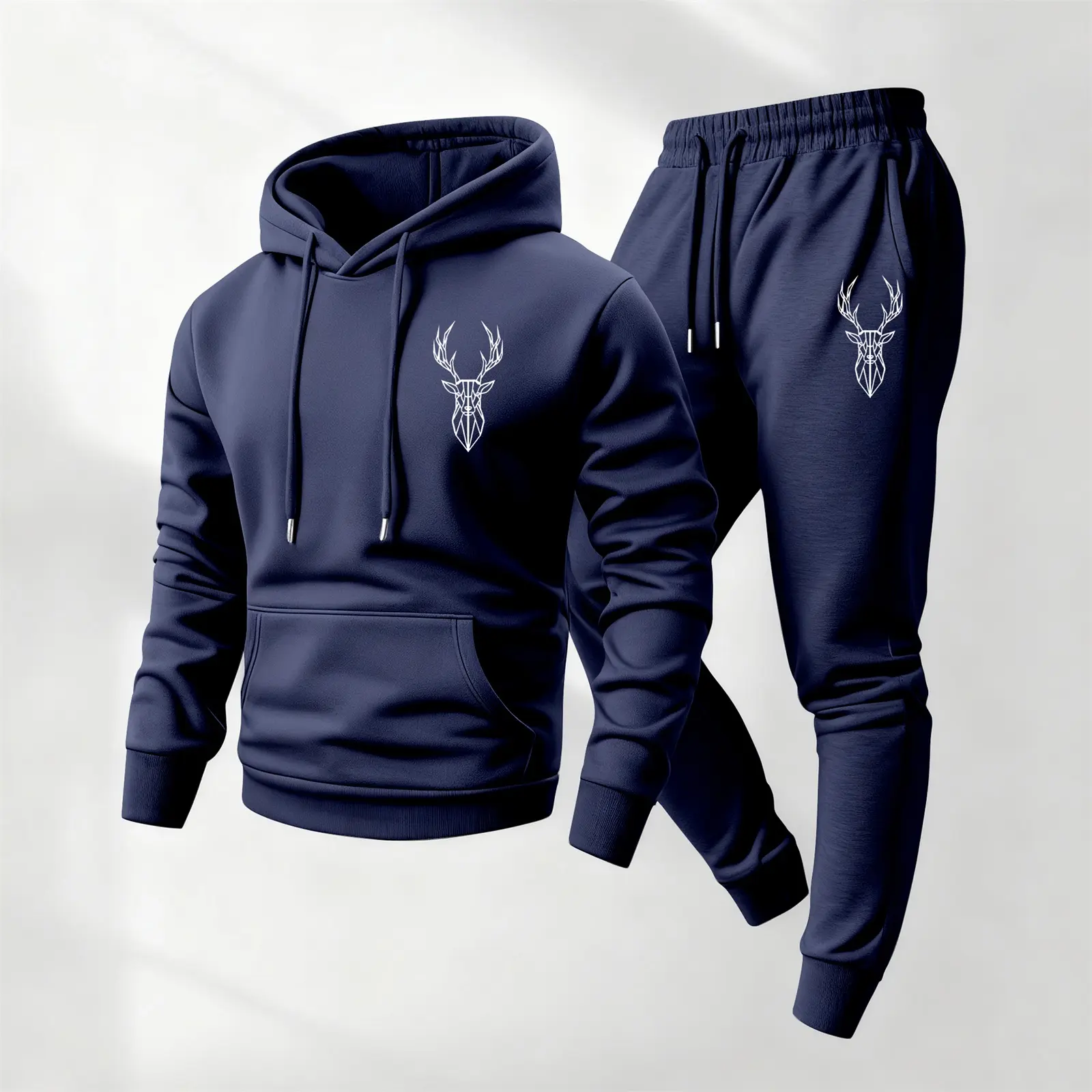 Men's 2-Piece Deer Printed Hoodie & Drawstring Sweatpants Set - Athleisure Street Fit, Comfy Breathable Loose Men's Sweatsuit, Long-Sleeve Hooded Jacket & Trousers for Fall Winter Daily Wear, Indoor Use, Men's Sweatsuit Set