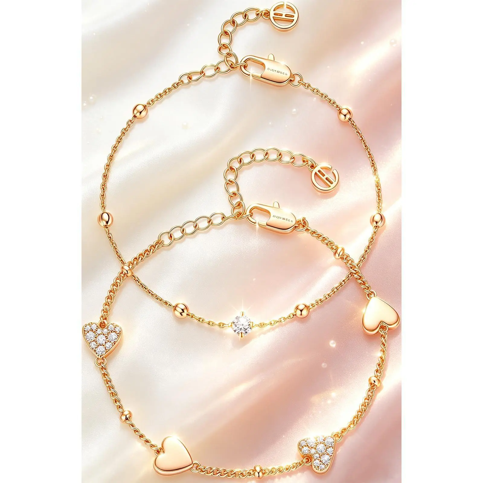 Cicy Bell 18K Gold Plated Bracelets For Women Heart-Shaped Cubic Zirconia Cable with Bead Bracelet stack Trendy Jewelry Gifts