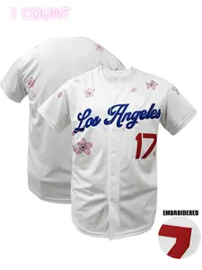 Men's Cherry Blossom Embroidered Baseball Jersey, Casual Loose Short Sleeve V Neck Baseball Top for Fall & Winter, Baseball Christmas Gifts, Men's Sportswear for Training & Competition