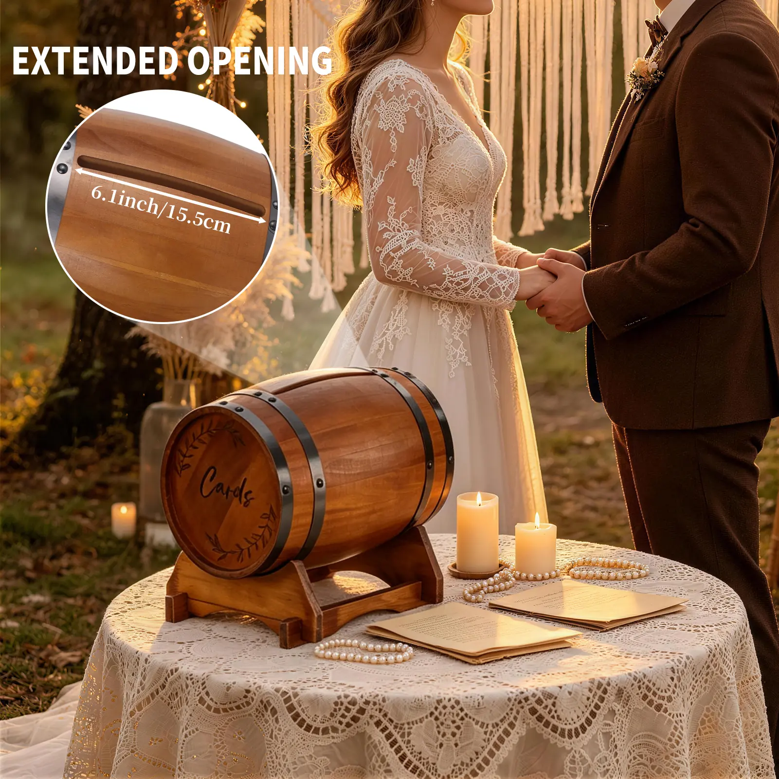 Wooden Wedding Card Box for Reception, Whiskey Barrel Gift Card Box for Party, Money Envelope Boxes with Slot & Holder for Graduation Bridal Shower Birthday Wedding Decor (Opening Length: 6.1 Inches)