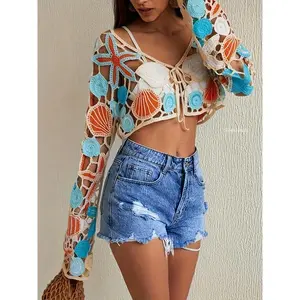 Women's Handcrafted Bohemian Cropped Drawstring Shirt, 40-60kg Fit with Starfish Seashell Crochet Detail, Beach Vacation Outdoor Summer Crop Top