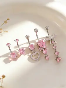 5 Pcs Y2K Heart Artificial Zircon Belly Rings, Elegant Butterfly Knot Navel Piercing Jewelry Set, Daily Wear Body Jewelry for Women