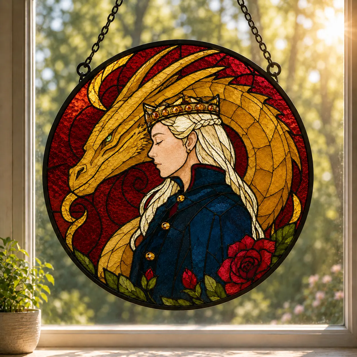 House of the Dragon Rhaenyra Targaryen & Syrax Stained Glass Window Suncatcher - Beautiful Fire and Blood Faux Glass Art Hanging Decor - Perfect Dark Fantasy Gift for Game of Thrones Fans
