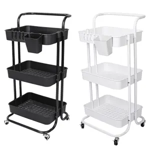 3 Tier Rolling Utility Cart Movable Storage Organizer with Mesh Baskets Lockable Wheels 360 Degree Rotatable Hanging Box Hooks Bedroom Bathroom Kitchen