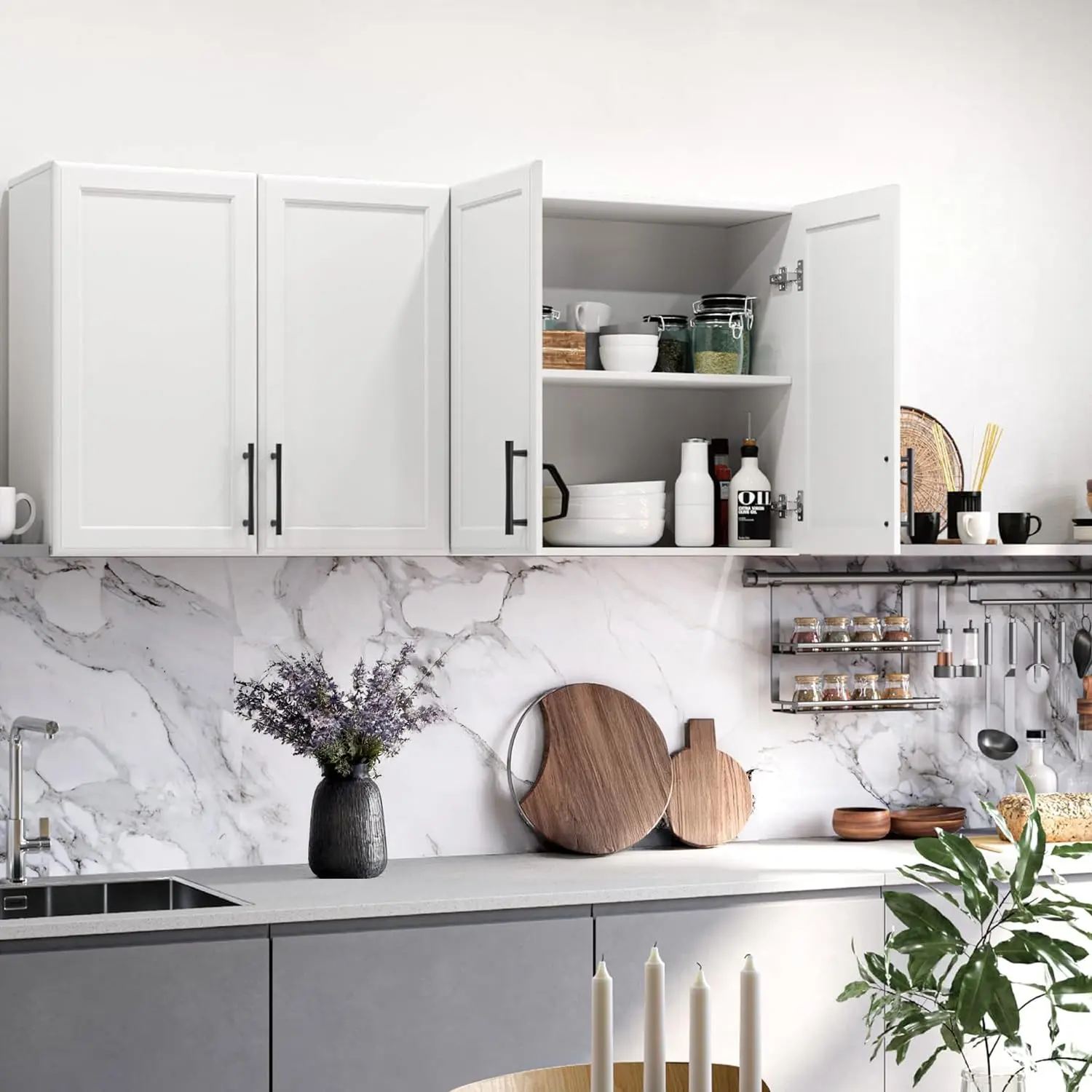 Set of 2 Wall-Mounted Storage Cabinets - Versatile for Kitchen, Bathroom, Laundry Room Use - Space-Saving Indoor Furniture Cupboards for Home Organization