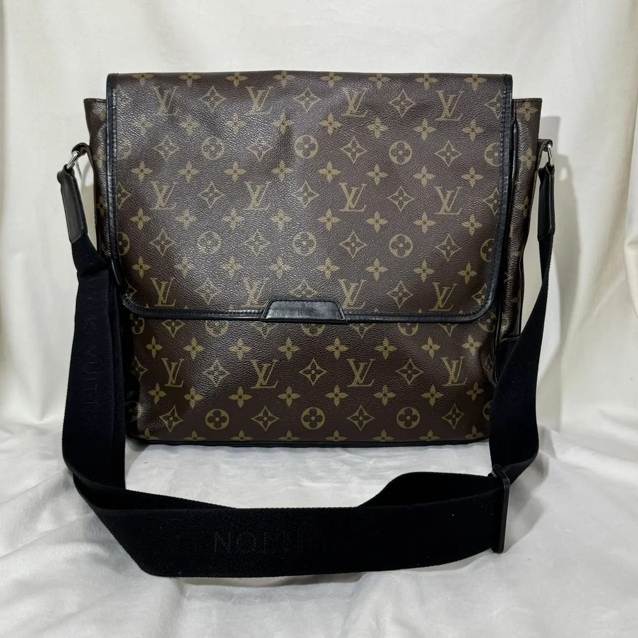 Pre-owned Louis Vuitton LV Monogram Abbesses Messenger Bag Iconic Men's Vintage Authentic Bag with Black Leather Trim, Adjustable Strap