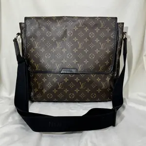 Pre-owned Louis Vuitton LV Monogram Abbesses Messenger Bag Iconic Men's Vintage Authentic Bag with Black Leather Trim, Adjustable Strap