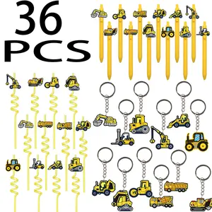 36-Piece Excavator Theme Gift Set Construction Vehicle Party Favor Pack Includes: Straws, Keychains, Ballpoint Pens Yellow Vehicle Series Gift Bag