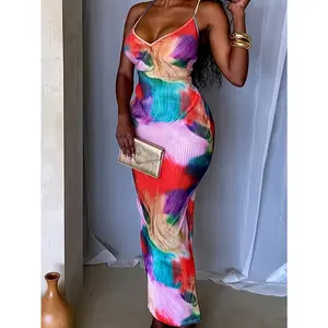 Multi-color pattern print halter sleeveless thin shoulder straps holiday beach dress
